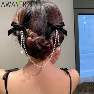 AWAYTR Tassel Elegant Vintage Bow Pearl Chain Hairpins Sweet Hair Decorate